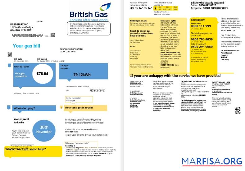 Realistic United Kingdom British Gas business utility bill template in Word and PDF formats fully editable (2 pages) version 1